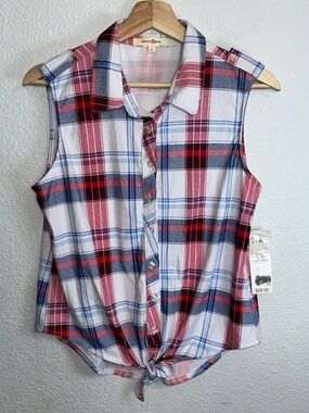 NEW Womens Large Sleeveless Top Plaid Button Down Tie Front Picnic